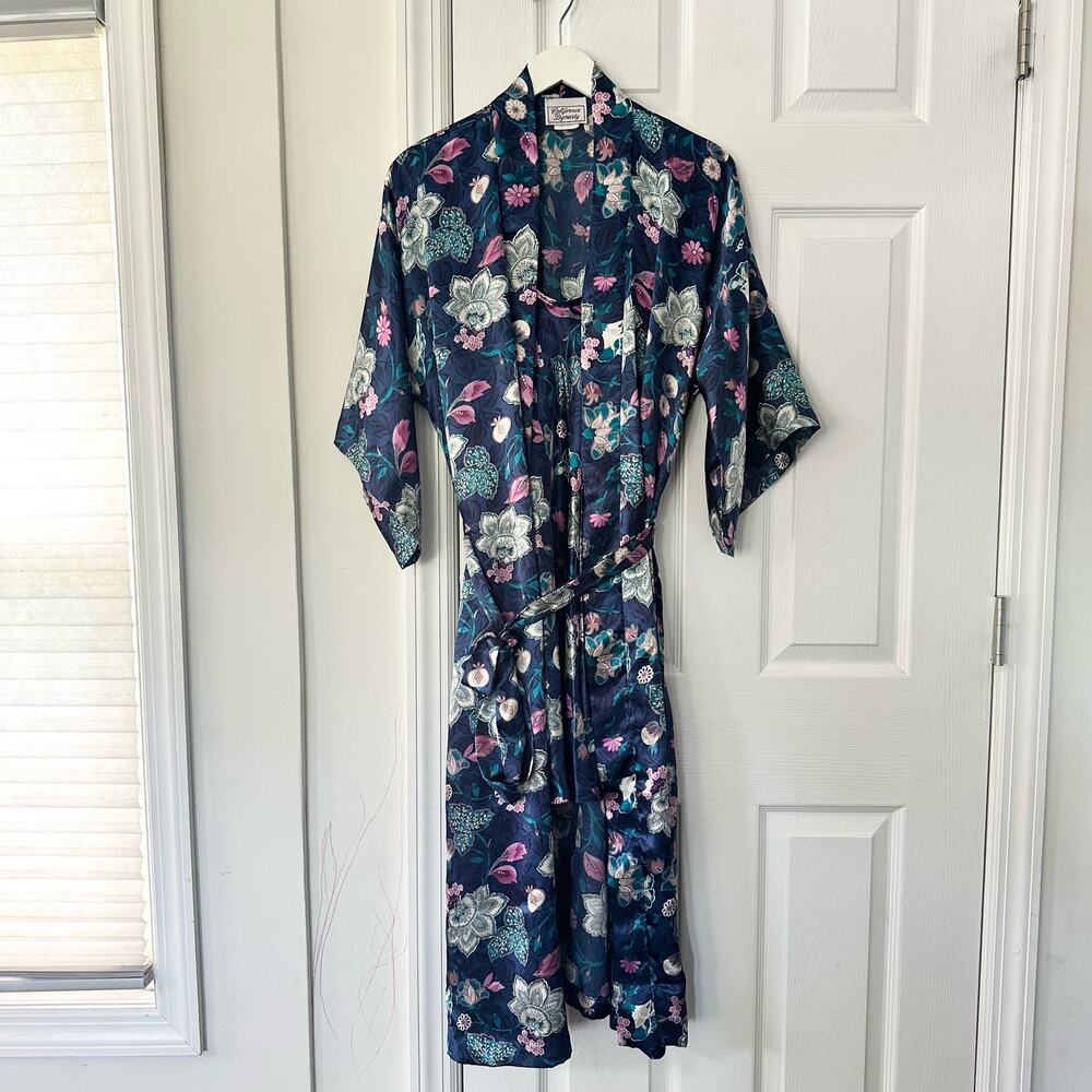 California Dynasty Asian Blue Pink Floral Matching Slip Dress Mid Length Robe M